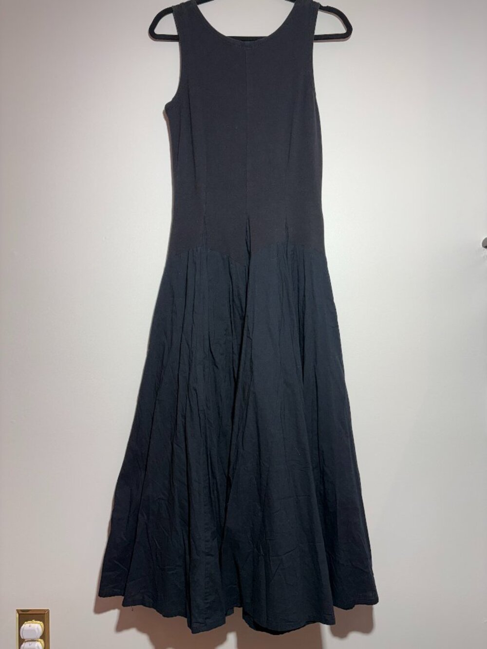 Black Fit & Flare Midi Dress Cotton Sleeveless Full Skirt Minimalist Quiet Lux